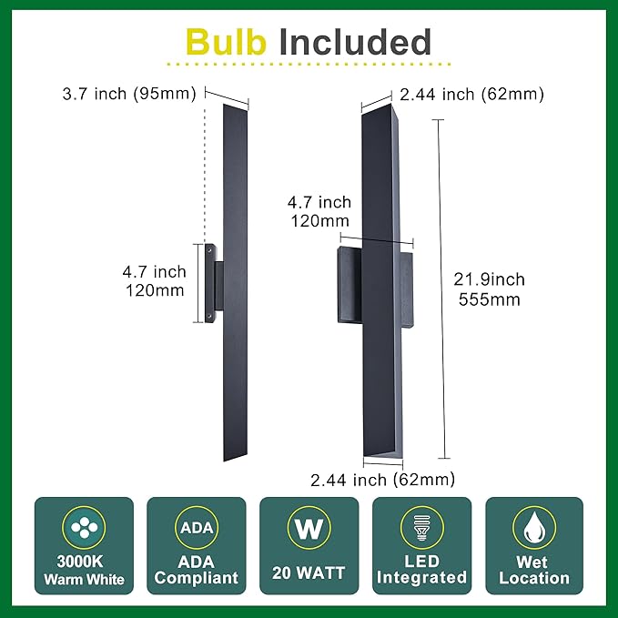 Modern Minimalist 20W LED Outdoor Wall Light, IP65 Waterproof, 1700 Lumens Warm White, Black Textured Aluminum & Frosted Glass, Wall-Mounted Porch Lights for Garage, Patio, Entryway