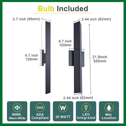 Modern Minimalist 20W LED Outdoor Wall Light, IP65 Waterproof, 1700 Lumens Warm White, Black Textured Aluminum & Frosted Glass, Wall-Mounted Porch Lights for Garage, Patio, Entryway