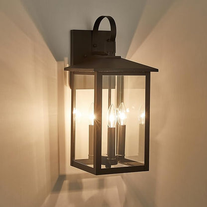 3-Light 9 inches Wide 20.5 inches High Large Wall Lantern Light with Textured Black Finish and Clear Glass New Traditional Outdoor Wall Lights for a Porch, Patio, Garage, Barn, Foyer