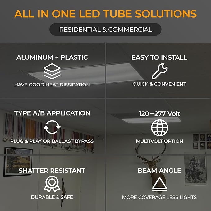6PK T8 LED Bulbs 4 Foot, Frosted 10W-24W 5 Watt Selectable 6 CCT 3000K-6500K, Type A+B Plug & Play or Ballast Bypass 4ft Fluorescent Tube Light Bulbs Replacement, Single Double-Ended Input