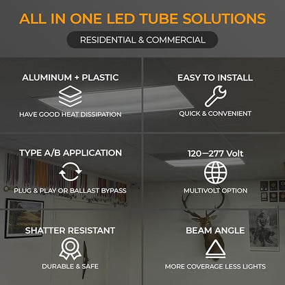 6PK T8 LED Bulbs 4 Foot, Frosted 10W-24W 5 Watt Selectable 6 CCT 3000K-6500K, Type A+B Plug & Play or Ballast Bypass 4ft Fluorescent Tube Light Bulbs Replacement, Single Double-Ended Input