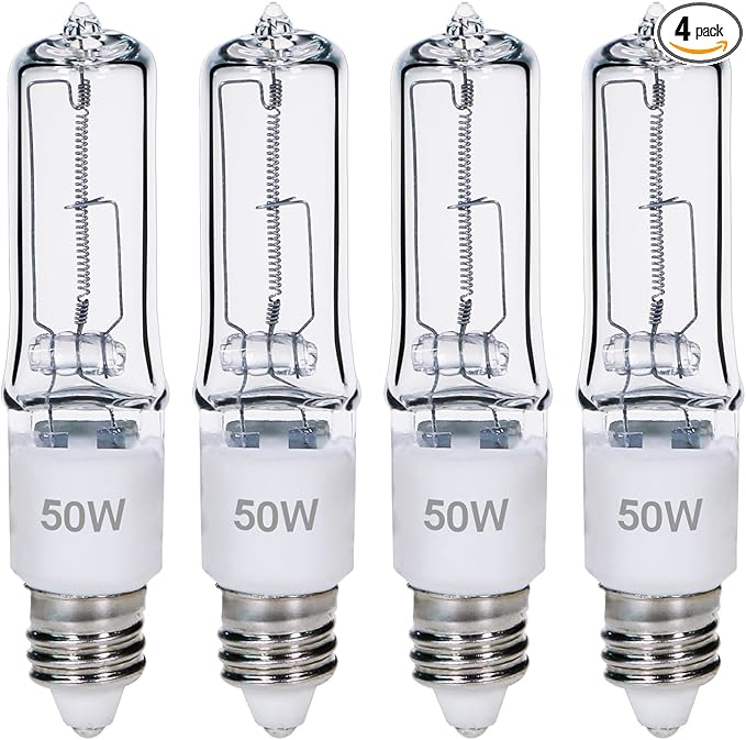 GMY JDE11 120V 50W T4 JDE11 Bulb, Mini Candelabra Base E11 Bulb, 600lm 2800K Clear Dimmable 50 watt Halogen Light Bulbs for Ceiling Fan Light Bulbs Replace E11 Led Bulb - 4Pack