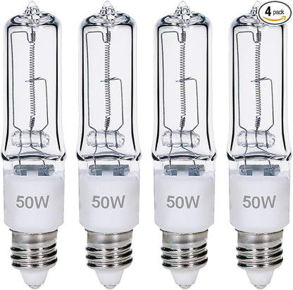 GMY JDE11 120V 50W T4 JDE11 Bulb, Mini Candelabra Base E11 Bulb, 600lm 2800K Clear Dimmable 50 watt Halogen Light Bulbs for Ceiling Fan Light Bulbs Replace E11 Led Bulb - 4Pack