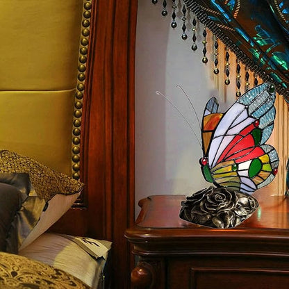 Bedside Tiffany Table Lamp LED Blue Red Butterfly Stained Glass Nightstand Table Lamps ON Off Switch Home Office Desk Lamp Night Light Girl Grandma Mothers Day Gifts W/Gift Box