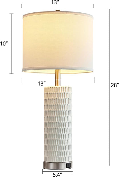 White Table Lamps Set of 2, 28" Ceramic Lamps for Living Room with USB C+A Ports, Touch Lamps for Nightstand, 2 Bulbs Included