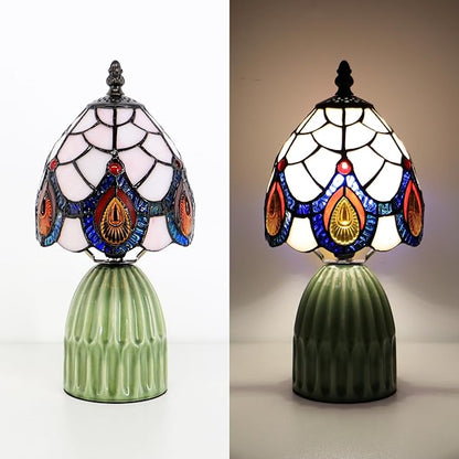 Tiffany Lamp Stained Glass Mushroom Table Lamps 6X6X12.5 Inch Pink Peacock Tail Style Small Night Light Ceramic Base Mini Accent Desk Light Suitable for Bedside Table Bedroom Children Room