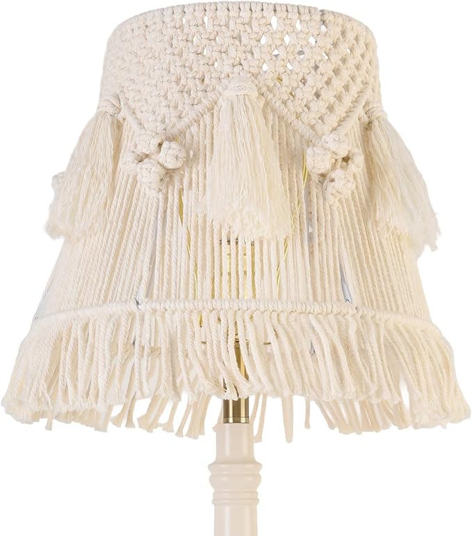 Boho Bell Lampshade Handmade White Ivory Lamp shade 7.5``Top x 12``Bottom x 11``High(Spider) Medium Woven Lamp shade for Table Lamp & Bedside Lamp - Replacement Tassel Lampshade