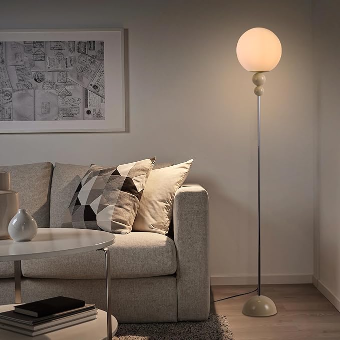 Modern Glass Floor Lamp for Bedroom, 63'' Vintage Mid-Century Floor Lamp with Milky White Frosted Glass Globe Shade for Living Room Corner, Slim Standing Reading Lamp for Office Decor (White)