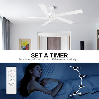 WINGBO 54 Inch DC Ceiling Fan without Lights, 5 Reversible Carved Solid Wood Blades, 6-Speed Noiseless DC Motor, Modern Ceiling Fan No Light for Bedroom Living Room Kitchen, White