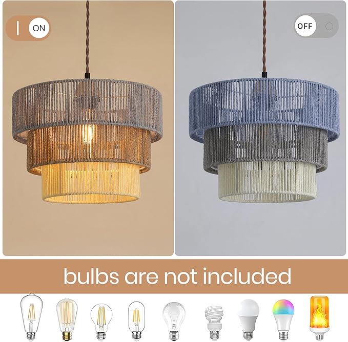 Boho Rattan Lamp Shade in Pastel Blue Gray & White, 3-Tier Drum Style Replacement Shade for Pendant, Chandelier, Floor Lamp, Rustic Hand-Woven Cover for Living Room, Kitchen, Bedroom, Office