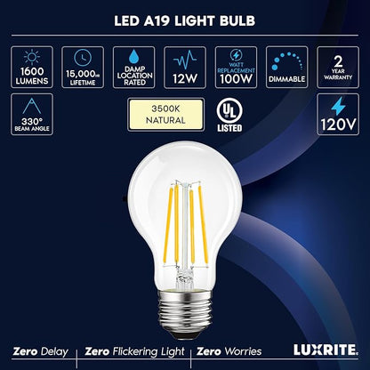 LUXRITE Vintage A19 LED Light Bulbs 100 Watt Equivalent, 1600 Lumens, 3500K Natural White, Dimmable Edison Light Bulbs, 12W, Damp Rated, UL Listed, Clear Glass Filament Bulb, E26 Medium Base (2 Pack)