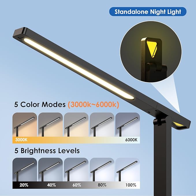 Infiway Desk Lamp with USB Charging Port: LED Eye-Caring Smart Table Light for Home Office - 1 Type-C, 1 USB-A Charging Port, 2 AC Power Outlets