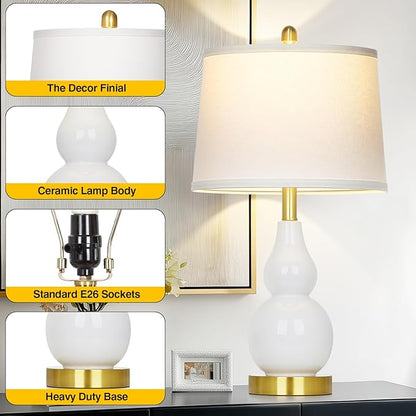 Ceramic Table Lamp for Living Room, 25" Modern Double Gourd Ceramic Lamp for Bedroom White Farmhouse Rustic Classic Bedside Lamp with Round Fabric Shade for Night stand Desk End Tables(Bulb Included)