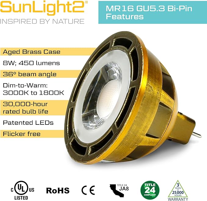 SunLight2® Premium Edition | MR16 LED Bulb 7W | 12V AC | 3000K to 1800K Dim to Warm | CRI 97+ | 36° Beam Angle Spotlight | Aged Brass Finish | 4 Pack | Energy Efficient Flicker Free
