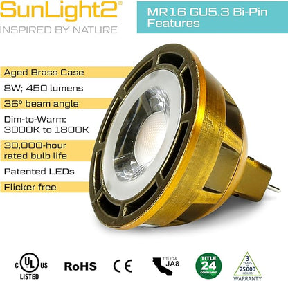 SunLight2® Premium Edition | MR16 LED Bulb 7W | 12V AC | 3000K to 1800K Dim to Warm | CRI 97+ | 36° Beam Angle Spotlight | Aged Brass Finish | 4 Pack | Energy Efficient Flicker Free