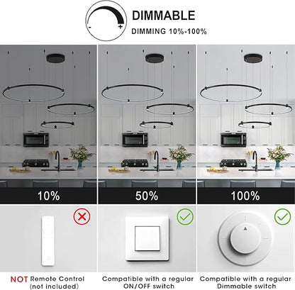 Modern Led Chandelier, 3-Rings Light Modern Led Pendant Light Black Dimmable Integrated Ceiling Hanging Pendant Lighting for Kitchen Island Dining Room Living Room Office 3000K 4000K 6000K
