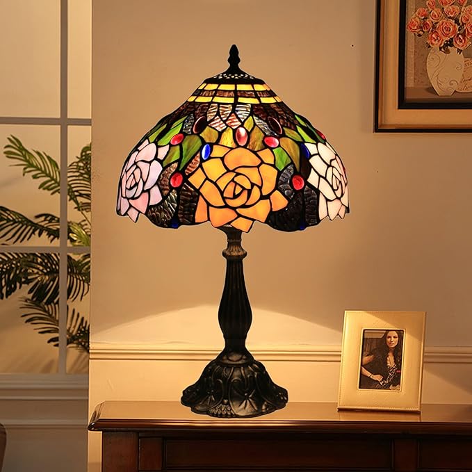 Tiffany Style Table Lamp, 12 Inch Stained Glass Lamp, Antique Table Lamp, Bedside Lamp, for Nightstand Bedroom Living Room Home Office, Rose Flower Pattern, Include LED Bulb