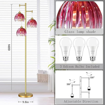 Pink Floor Lamp for Living Room,Bedroom,Gold Mid Century Modern Standing Lamp Brass Tree 3 Light Tall Floor Lamps Vintage Retro Floor Lights Glass Flower Lamp Shade Farmhouse Boho Bohemian