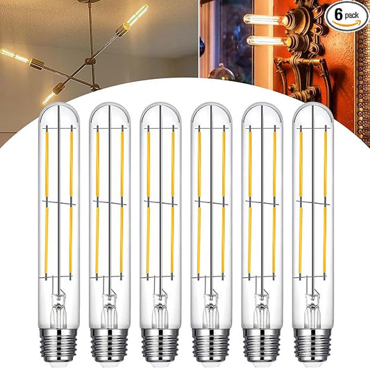 7.3 Inch T10 LED Bulb 6W (Equal 60W), Jacqueny 6PCS Dimmable Clear T10 LED E26 High Output 2700K Warm White, No-Flicker Edison T30/T10 Tubular Light Bulb 600LM, Long Lifetime For Wall Sconces, Pendant