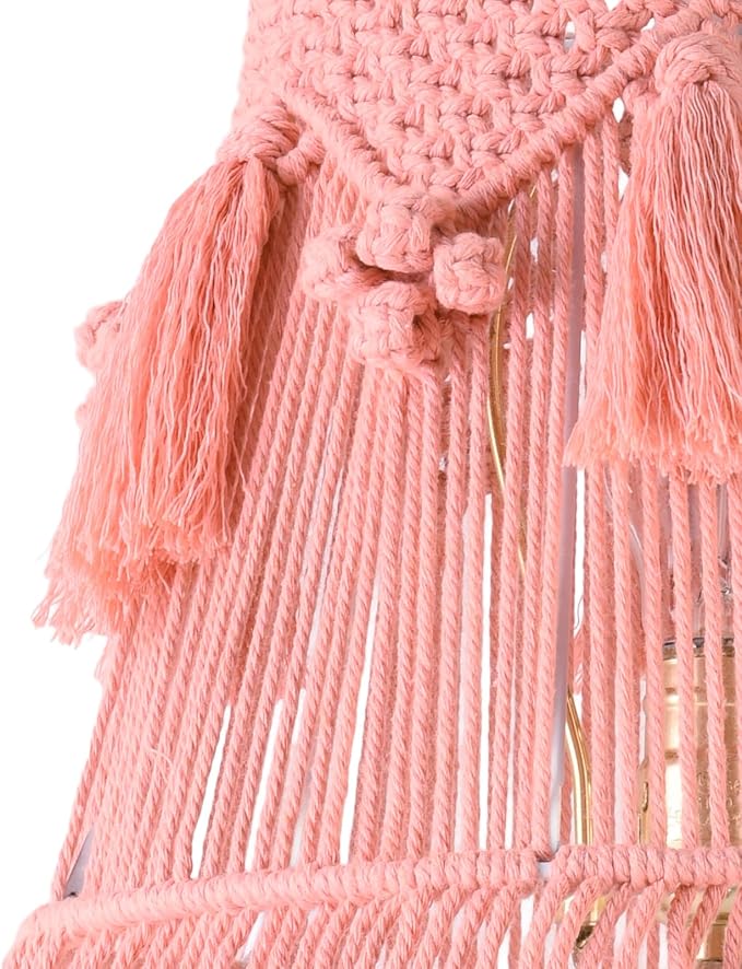 Pink Boho Woven Lamp Shade Bell Tassels Lampshade 7.5``Top x 12``Bottom x 11``High(Spider) Medium Handmade Lamp Shades for Table & Bedside Lamp - Easy Assemble