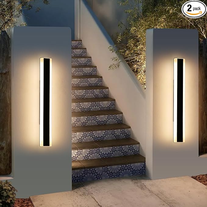 Mikeru 2Pack 23.6inch Outdoor Light Fixtures, 3000/4500/6000K 3 Color Modern Black Linear Wall Lights Front Porch Light Wall Mounted Led Lighting for Basement, Shop,Garage Non-Dimmable