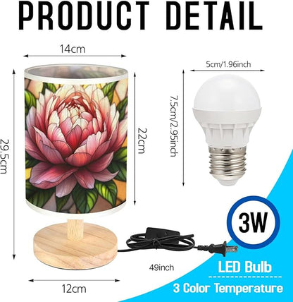 Peony Table Lamp LED 3-Color Pressed Bedside, Peony Shade Lamp with Wood Base for Bedroom Living Room Desk Office TL01