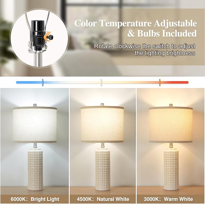 Luvkczc 24.8" Modern Ceramic Bedside Lamp Set of 2, Color Temperature&Bulbs Included - Farmhouse Nightstand Lamps for Living Room Bedroom End Table Office Entryway