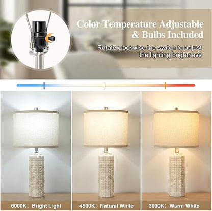 Luvkczc 24.8" Modern Ceramic Bedside Lamp Set of 2, Color Temperature&Bulbs Included - Farmhouse Nightstand Lamps for Living Room Bedroom End Table Office Entryway