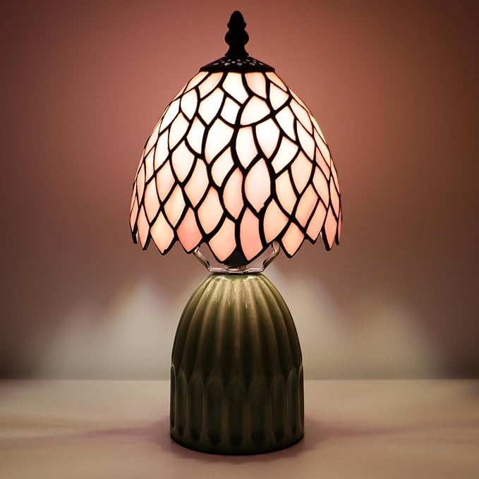 Tiffany Lamp Stained Glass Mushroom Table Lamps 6X6X12.5 Inch Pink Leaf Style Small Night Light Ceramic Base Mini Accent Desk Light Suitable for Bedside Table Bedroom Children Room
