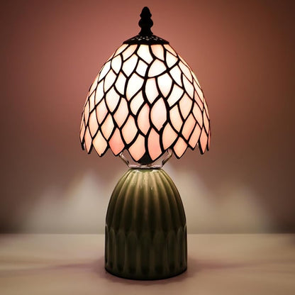 Tiffany Lamp Stained Glass Mushroom Table Lamps 6X6X12.5 Inch Pink Leaf Style Small Night Light Ceramic Base Mini Accent Desk Light Suitable for Bedside Table Bedroom Children Room