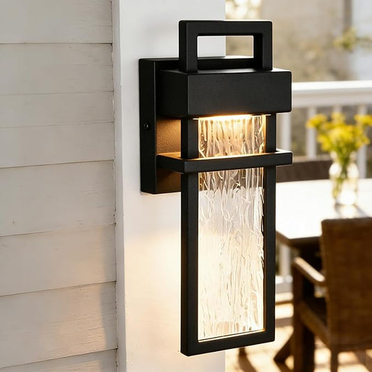 Alighting Modern Outdoor Light Fixture Black Outdoor Porch Lights for House with Water Glass 12W 3000K LED Modern Wall Sconce Lantern for Garage Patio Wall Light Fixture