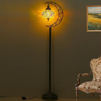 3D Crescent Moon Turkish Floor Lamp - 60 Inch Boho Lamp, 8 Inch Stained Glass Shade, Handmade for Living Room, Bulb Included (Multicolor,YUELFL-03)