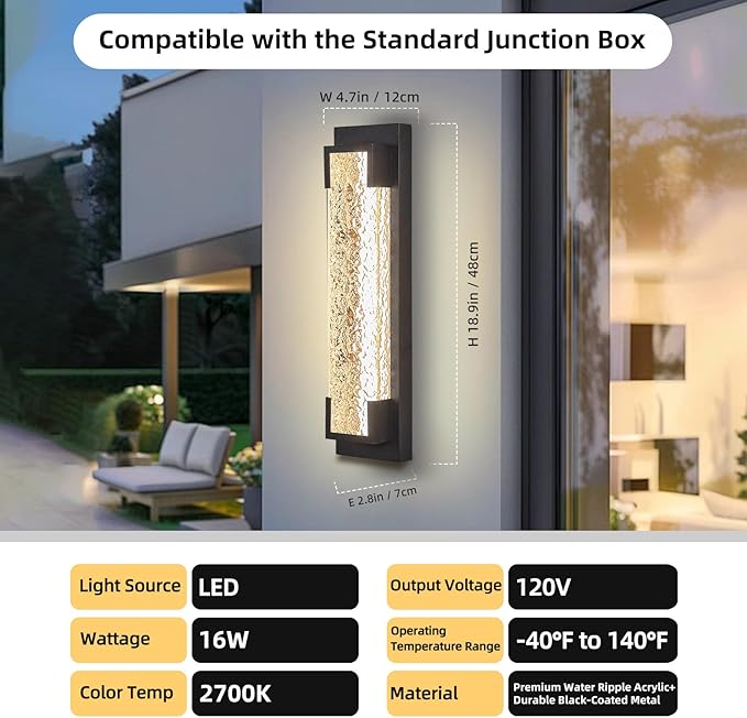 Hyunbae Outdoor Wall Light, 18.9" Large LED Modern Outdoor Wall Sconce, Waterproof Exterior Lighting Fixture with Acrylic Water Ripple Lamp 2700K Outdoor Porch Lights for House, Garage Dimmable
