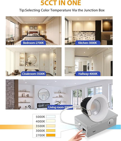 Adetu 3 Inch 5CCT Anti-Glare LED Downlight with Junction Box, 2700K/3000K/4000K/5000K Selectable, CRI90+, 12W COB, 1160LM, IP65 Waterproof, Dimmable-ETL and Energy Star Certified (White,12 Pack)