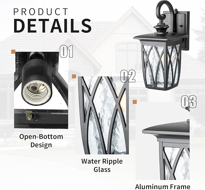 JYZ Outdoor Porch Light Wall Mount,14'' Exterior Waterproof Wall Lighting Fixtures,Wall Sconce Light with E26 Socket & Water Ripple Glass Shades, Matte Black Outside Wall Lantern for Patio Front Door
