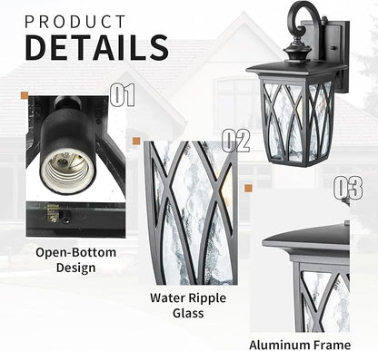 JYZ Outdoor Porch Light Wall Mount,14'' Exterior Waterproof Wall Lighting Fixtures,Wall Sconce Light with E26 Socket & Water Ripple Glass Shades, Matte Black Outside Wall Lantern for Patio Front Door
