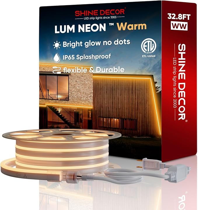 Shine Decor LED Neon Rope Lights AC 120V, Expandable & Cuttable 120LEDs/M Bright Strip Lighting, ETL Cold-Resistant & IP65 Waterproof for Indoor Outdoor, 8x16mm, 2500K Warm White, 32.8ft