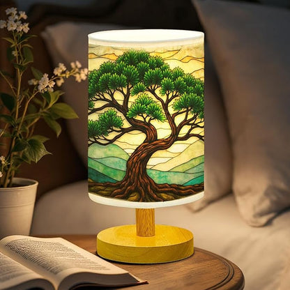 Cedar Tree Lamp LED 3-Color Pressed Bedside, Cedar Tree Shade Lamp with Wood Base for Bedroom Living Room Desk Office