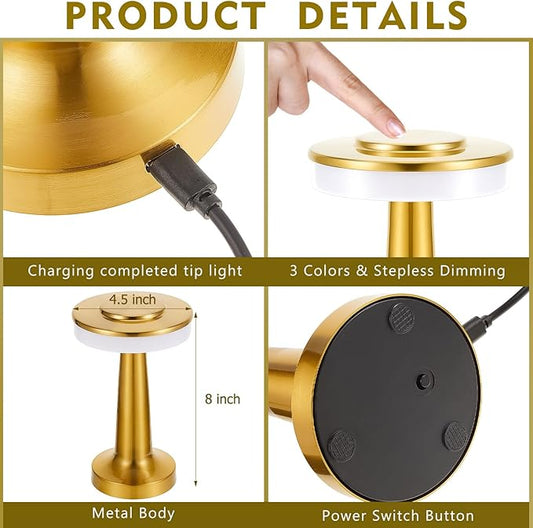 VIHOSE Cordless Table Lamps LED Portable Rechargeable Table Lamp with Touch Sensor 3 Color Dimming up to 15 Hours Battery Desk Light for Restaurant Nursery Living Room(Gold,8 Pcs)
