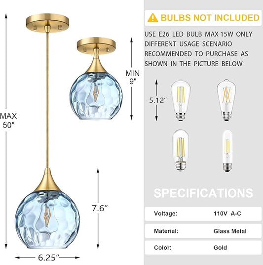 6.3" Texture Blue Glass Pendant Light 3 Pack Pendant Ceiling Light Fixture Gold Finish Modern Farmhouse Dinning Over Sink Adjustable Height Cord