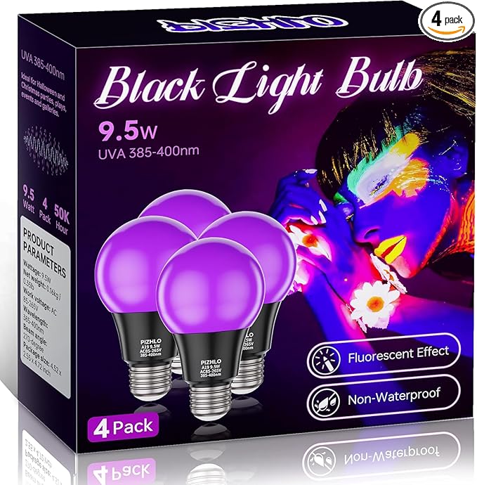 4 Pack 9.5W LED Black Light Bulb, A19 E26 Black Shell Blacklight LED Bulb, 385-400nm, Glow in The Dark for Blacklight Party, Body Paint, Fluorescent Poster, Halloween, Valentine's Day