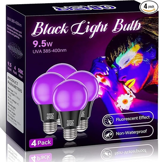4 Pack 9.5W LED Black Light Bulb, A19 E26 Black Shell Blacklight LED Bulb, 385-400nm, Glow in The Dark for Blacklight Party, Body Paint, Fluorescent Poster, Halloween, Valentine's Day
