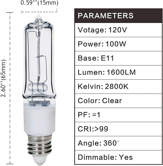GMY JDE11 120V 100W T4 JDE11 Bulb, Mini Candelabra Base E11 Bulb, 1600lm 2800K Clear Dimmable 100 watt Halogen Light Bulbs for Ceiling fan light bulbs Replace E11 Led Bulb - 4Pack