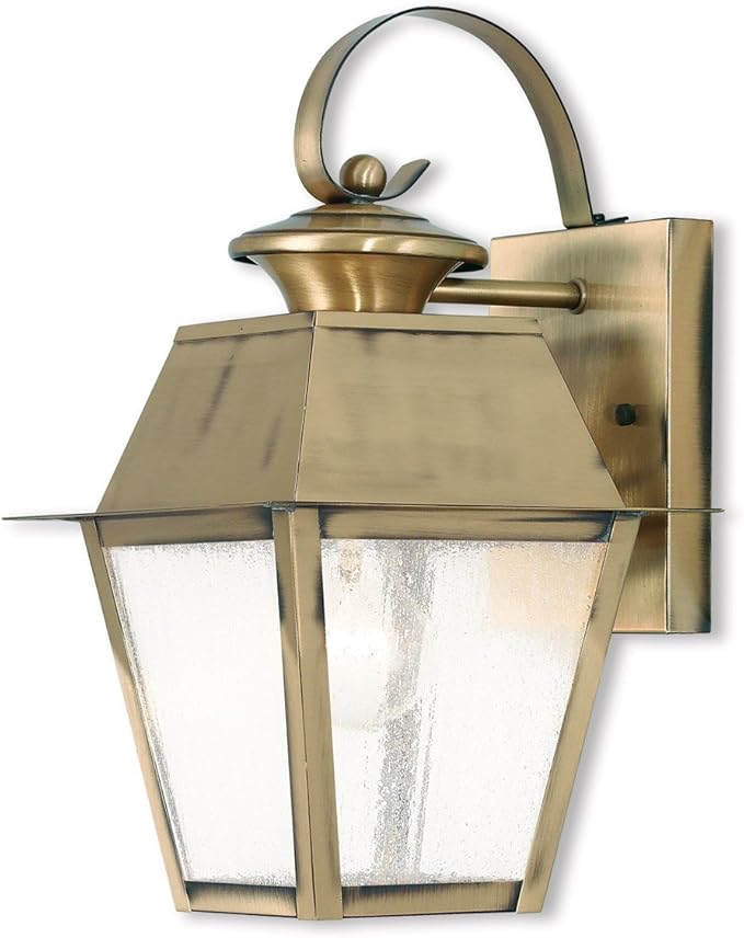 Livex Lighting 2162-01 Transitional One Light Outdoor Wall Lantern from Mansfield Collection Finish, Antique Brass, 7.5" W x 12.5" H