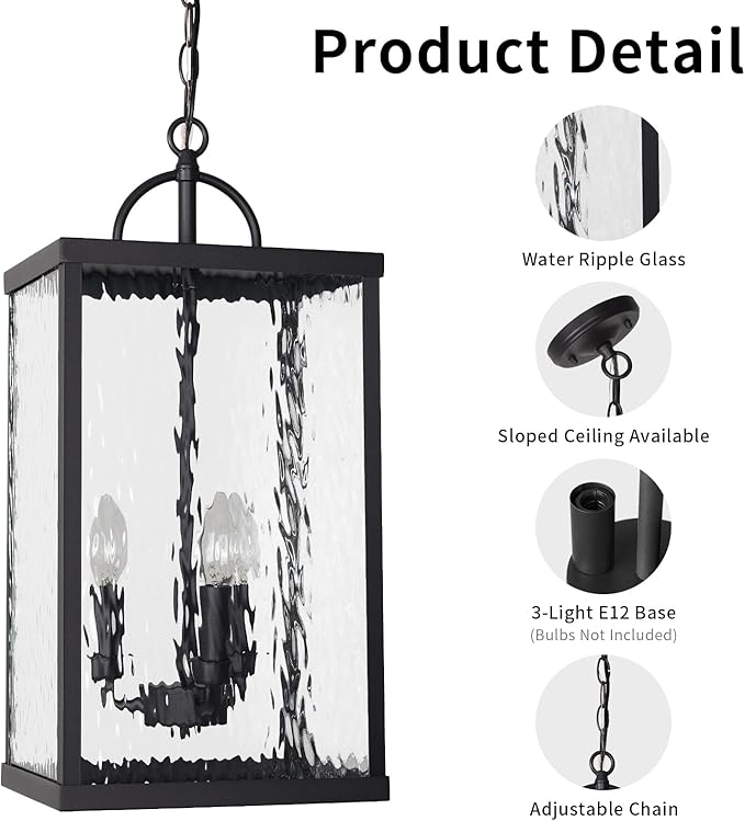 Large Outdoor Pendant Light, 22" Farmhouse Hanging Lantern with Water Ripple Glass, Vintage Black Adjustable Exterior Chandelier Fixture Ceiling Light for Porch, Patio, Gazebo, Entryway
