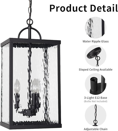 Large Outdoor Pendant Light, 22" Farmhouse Hanging Lantern with Water Ripple Glass, Vintage Black Adjustable Exterior Chandelier Fixture Ceiling Light for Porch, Patio, Gazebo, Entryway