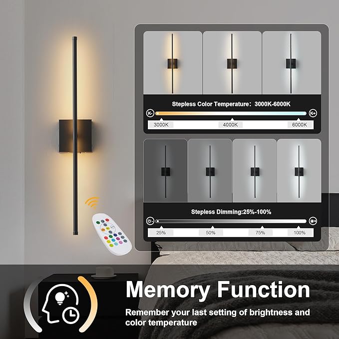 28.3 Inch 9 RGB Color Battery Operated Wireless Wall Sconces Set of Two, with Remote, Dimmable, Warm/Natural White/Daylight, Rotatable, LED Wall Light for Living Room, Bedroom, Black