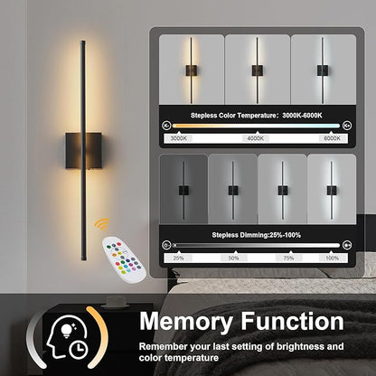 28.3 Inch 9 RGB Color Battery Operated Wireless Wall Sconces Set of Two, with Remote, Dimmable, Warm/Natural White/Daylight, Rotatable, LED Wall Light for Living Room, Bedroom, Black