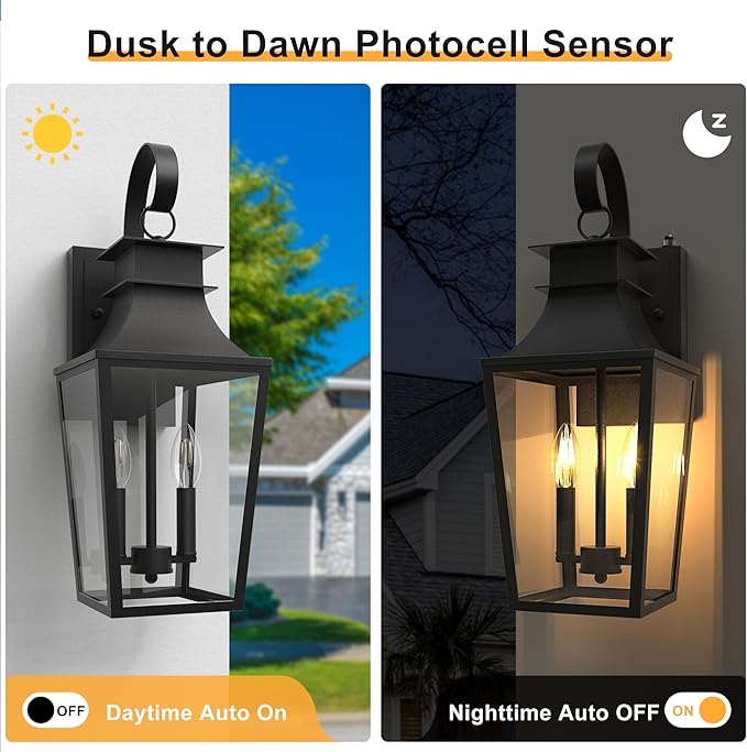20.98-INCH Outdoor Wall Lights 2-Light, Waterproof Exterior Light Fixtures Wall Mount Outside Light with Glass, Dusk to Dawn Outdoor Wall Lantern for Porch, House, Garage, Black