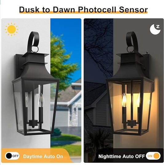 20.98-INCH Outdoor Wall Lights 2-Light, Waterproof Exterior Light Fixtures Wall Mount Outside Light with Glass, Dusk to Dawn Outdoor Wall Lantern for Porch, House, Garage, Black